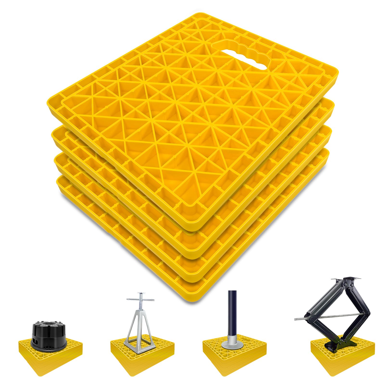 ROBLOck front view of four yellow stabilizer pads showing compact storage benefit