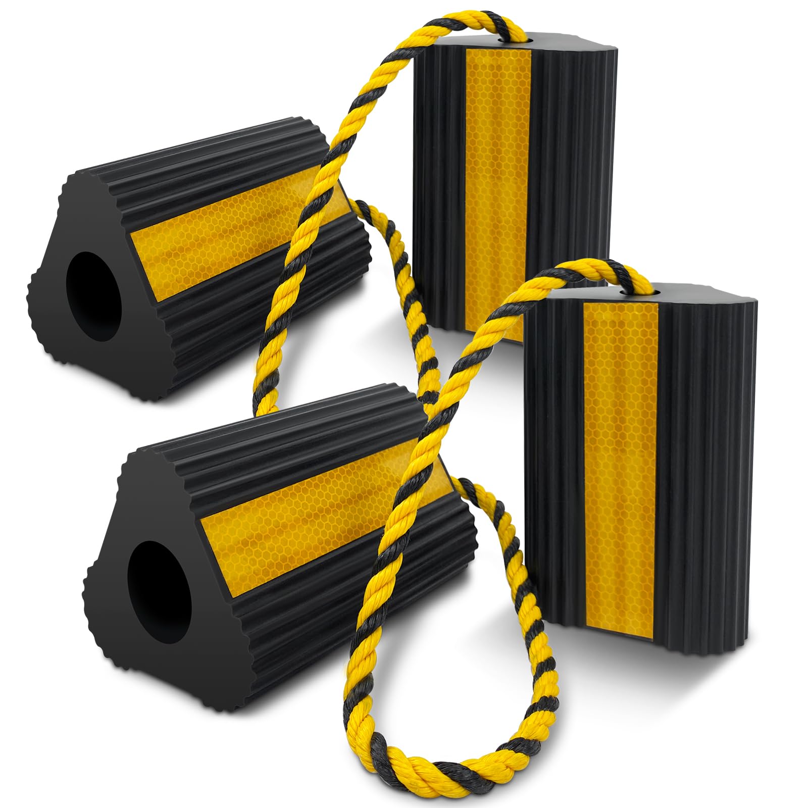 ROBLOК front view of four chocks showing compact pack and ropes, ensures secure storage