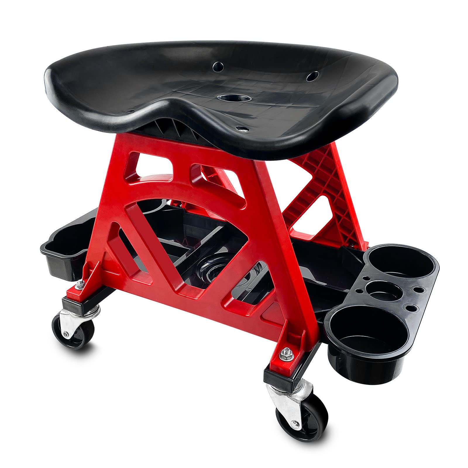ROBLOCK front view of rolling mechanic stool shows ergonomic seat and mobility benefits