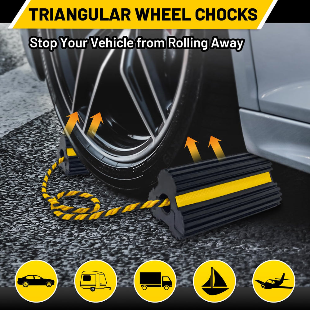 ROBLOK wheel chock placed under an RV wheel preventing rollback