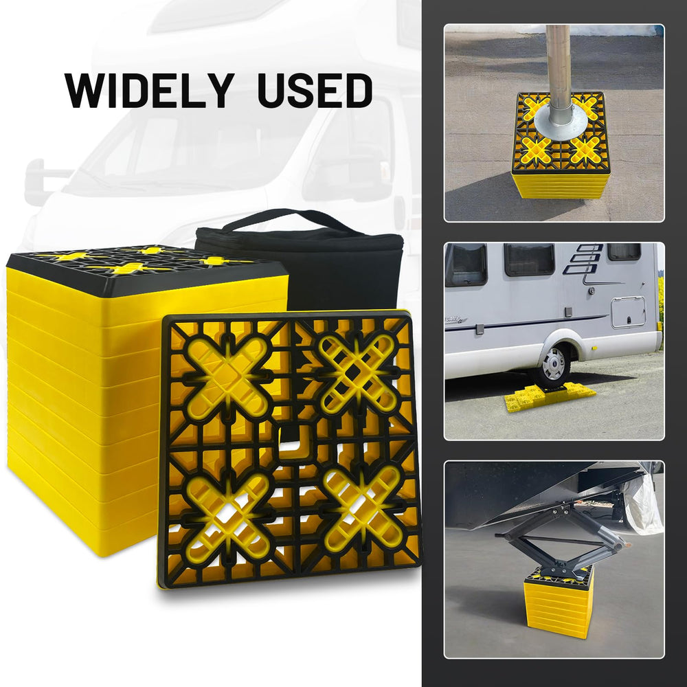ROBLOK block positioned under RV wheel in use, provides quick on-site leveling