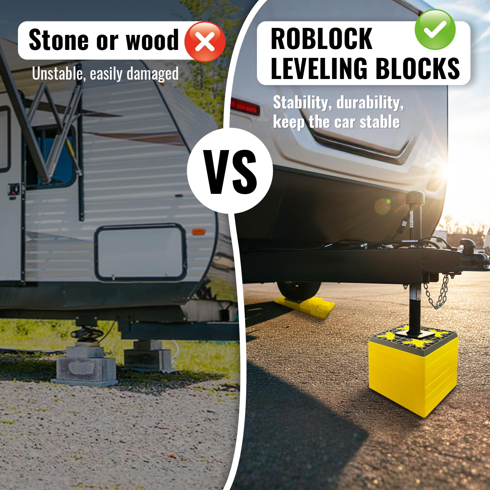 ROBLOK jack foot seated on block rubber top, secures stable jack support