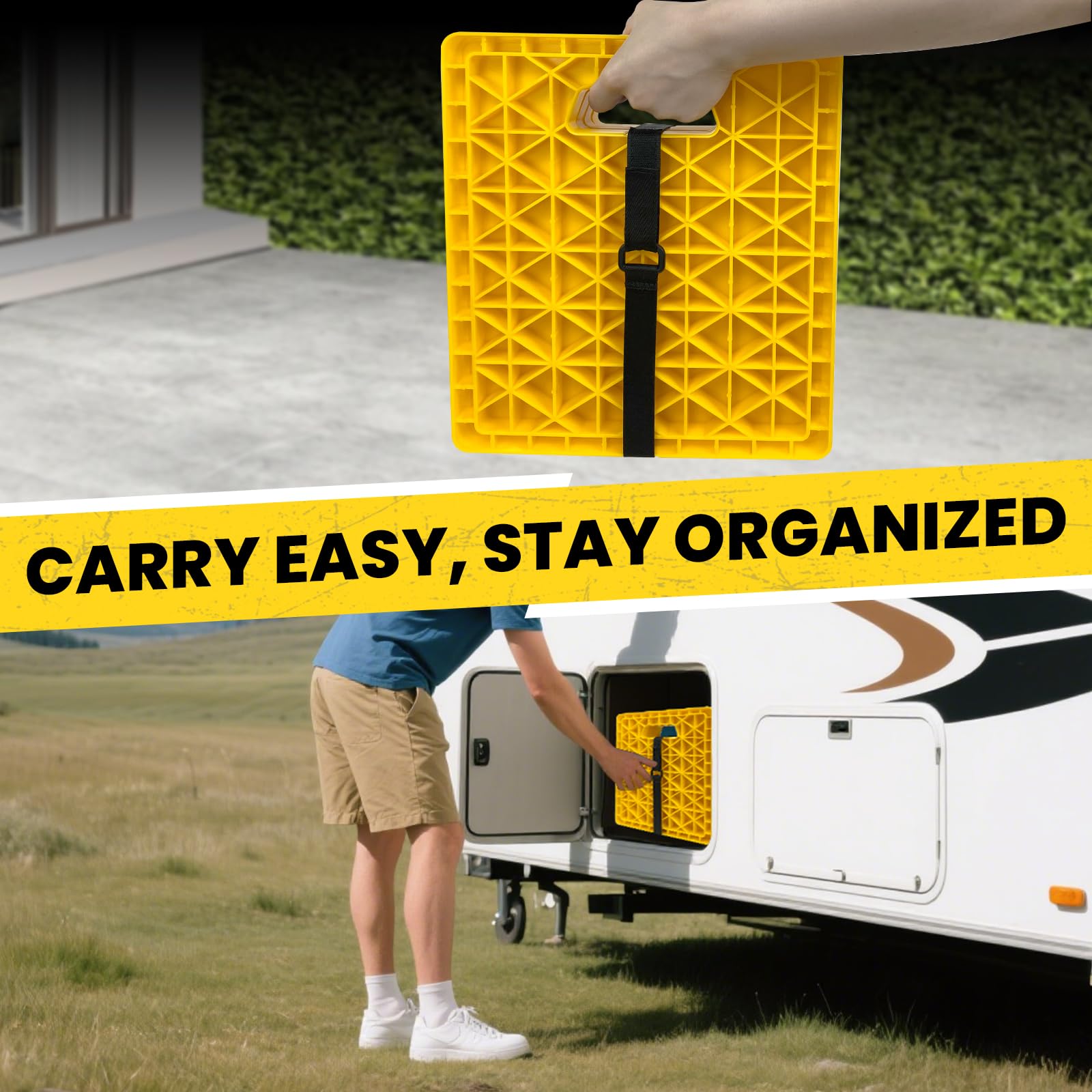 ROBLOck pads beside a camper at a campsite showing reliable stability benefit