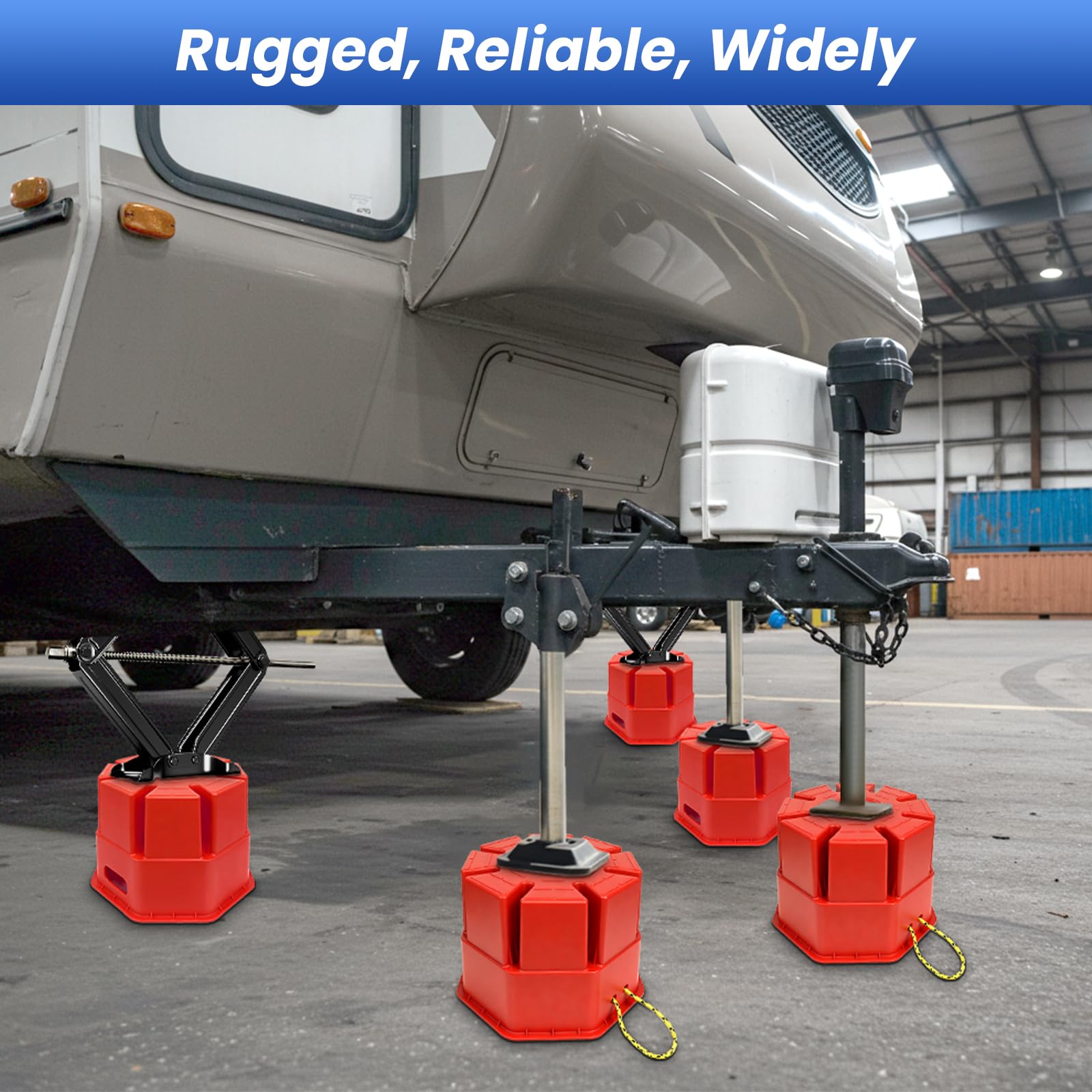 ROBLOck at campsite under RV demonstrating reliable leveling benefit