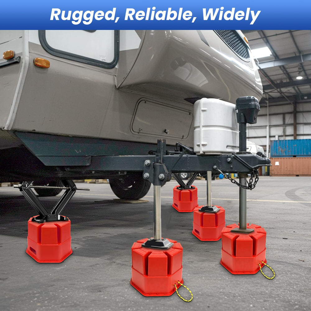ROBLOck at campsite under RV demonstrating reliable leveling benefit