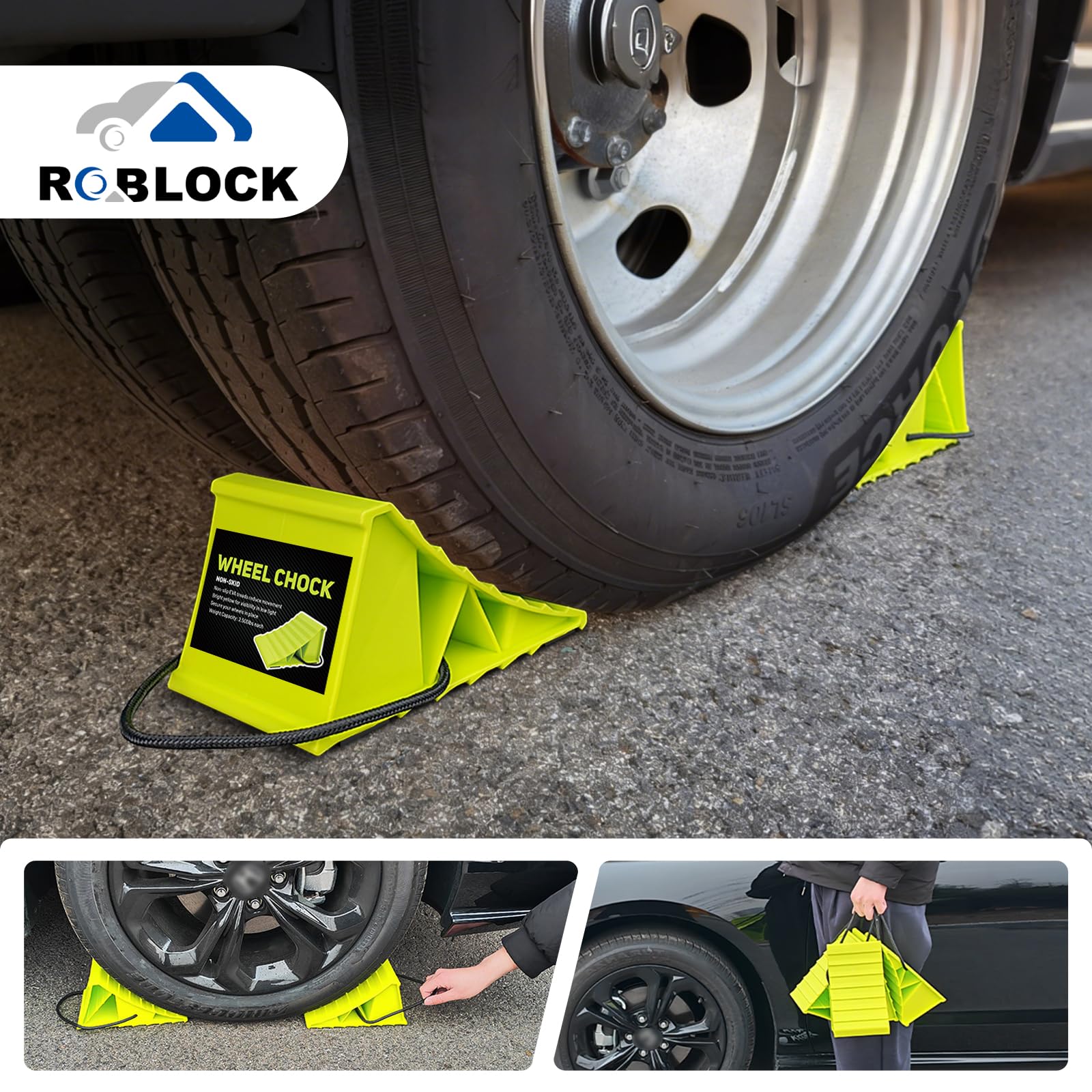 ROBLOck pair positioned by an RV tire angle showing practical application and safety