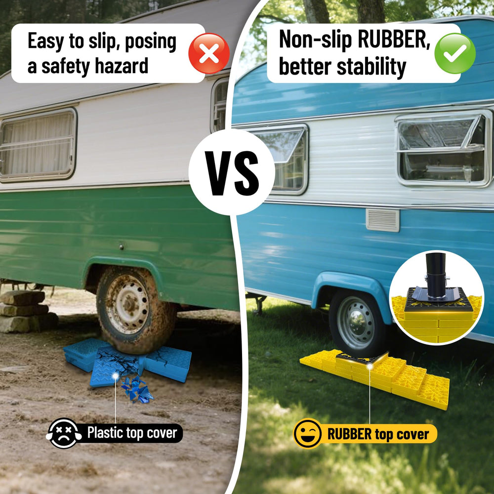 ROBLOK rubber top detail on block, prevents slipping and protects jack pads