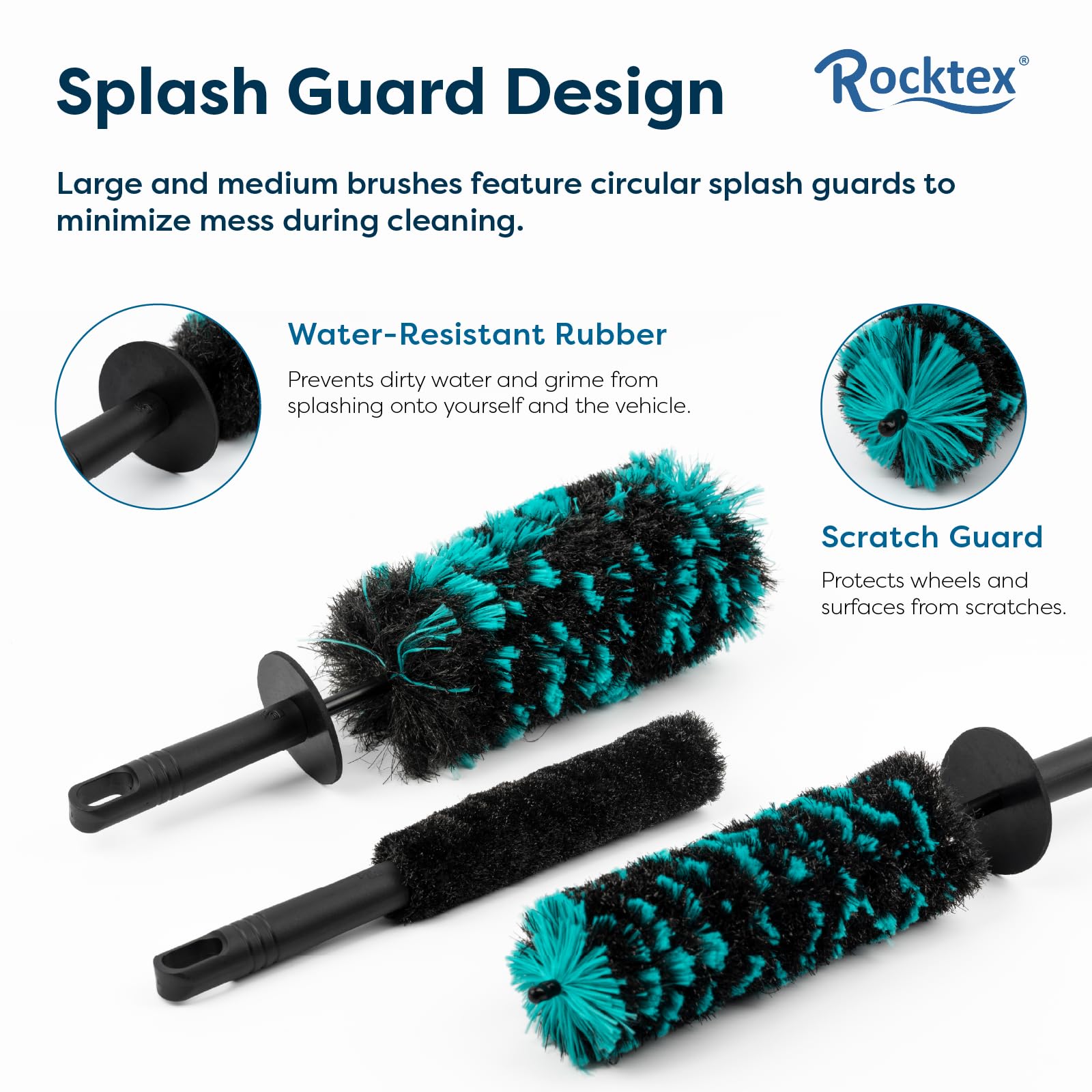 Rocktex brushes staged in garage with wheel cleaner for professional detailing