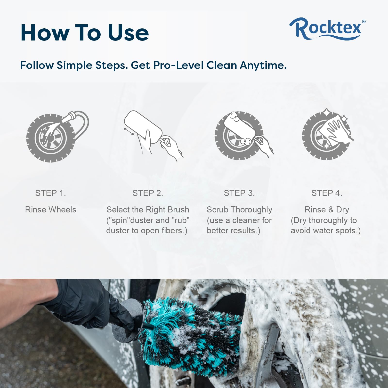 Rocktex medium brush reaching inner barrel and spokes to lift trapped grime