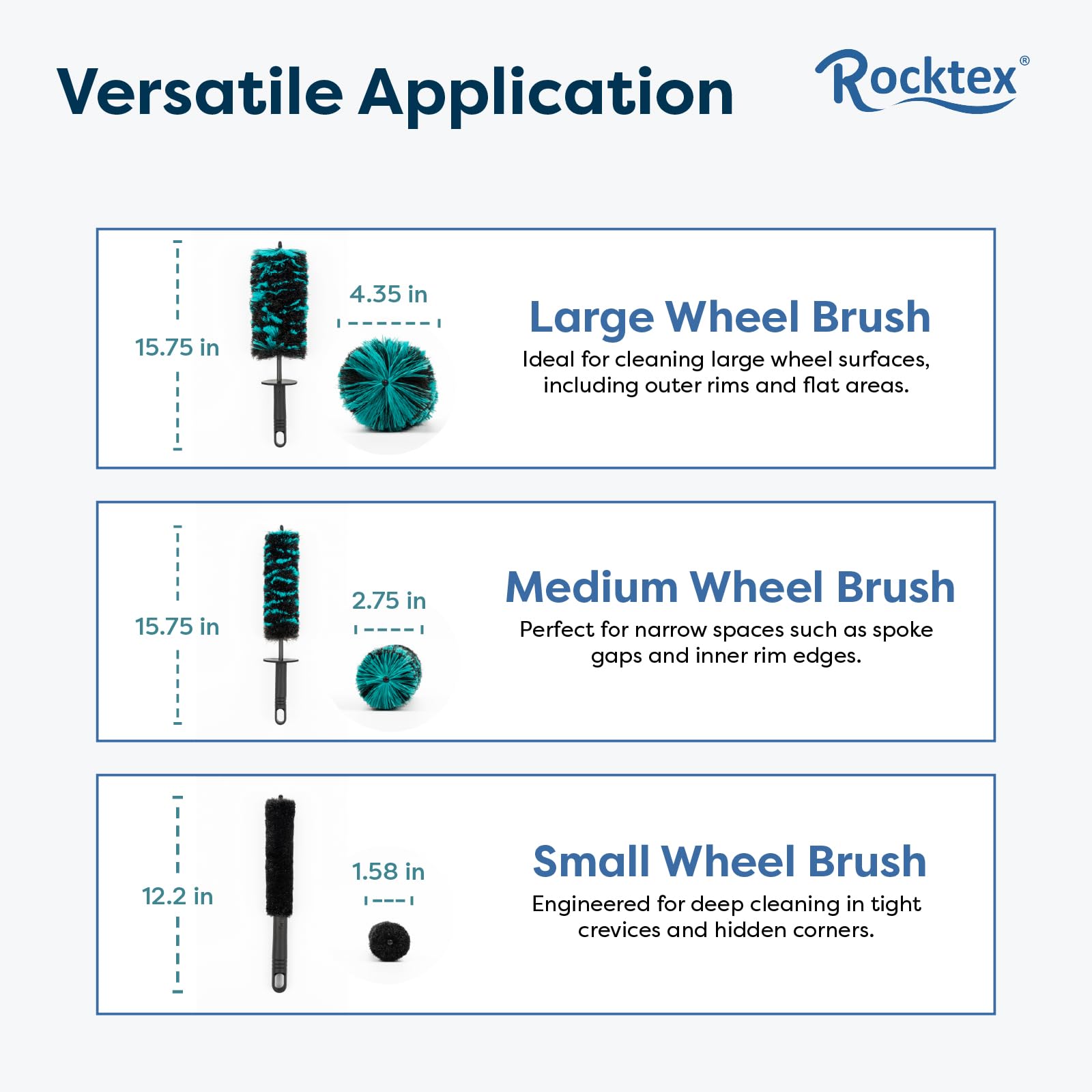 Rocktex brushes next to hand for scale showing ergonomic size and control