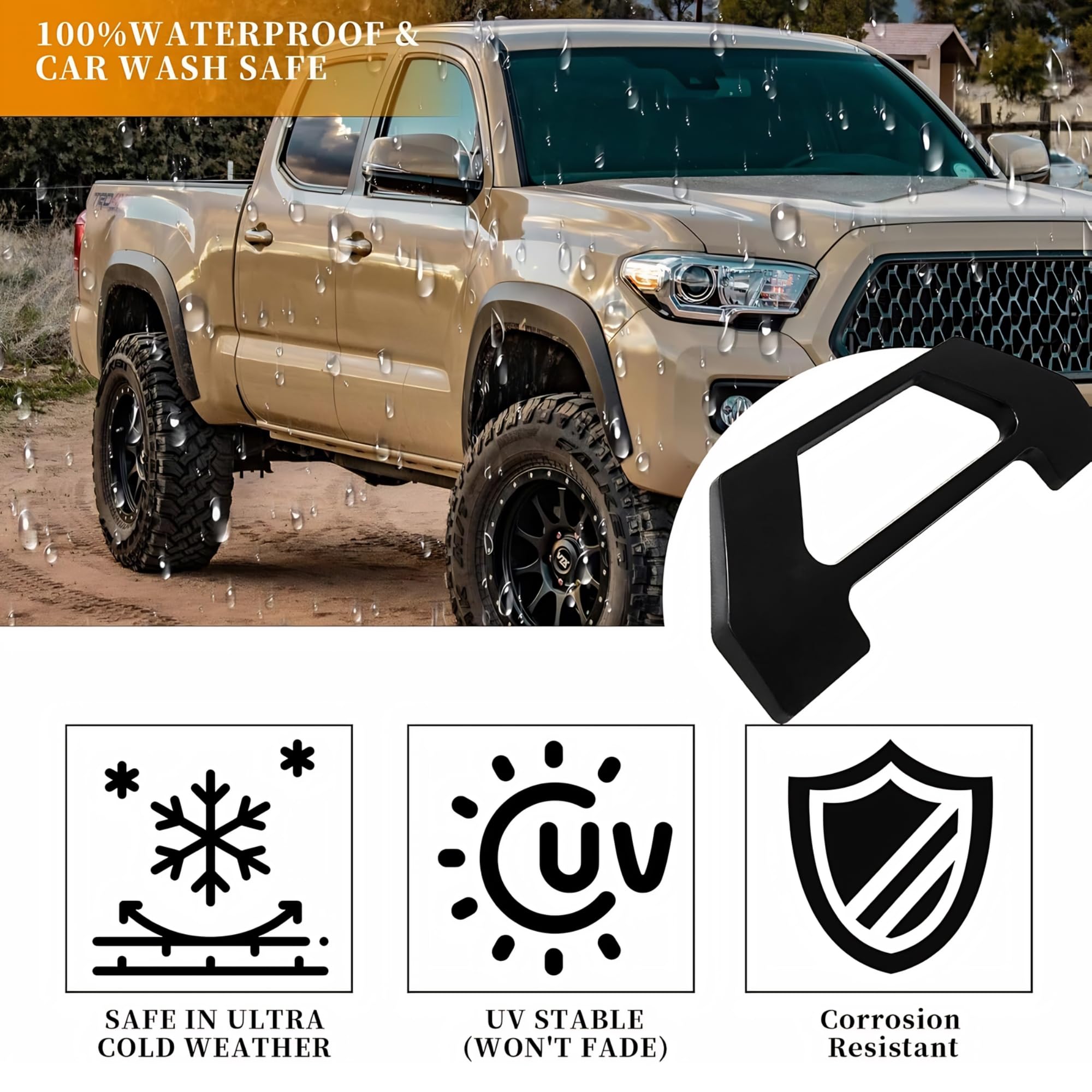ROCPOL letters on tailgate in rain illustrating weather resistance and long-lasting adhesion
