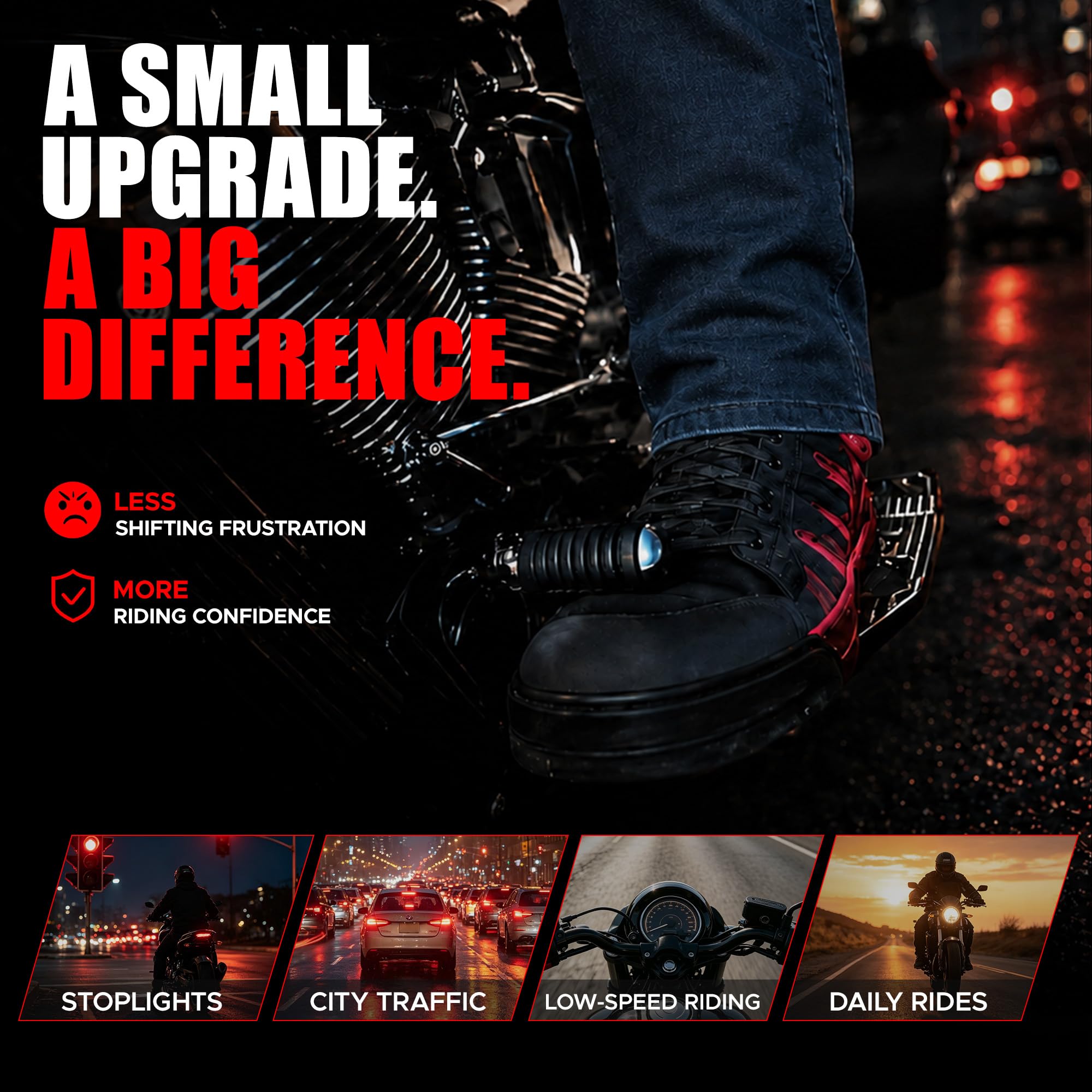 Rogierra EZ Shift on motorcycle in city setting, ideal for commuting