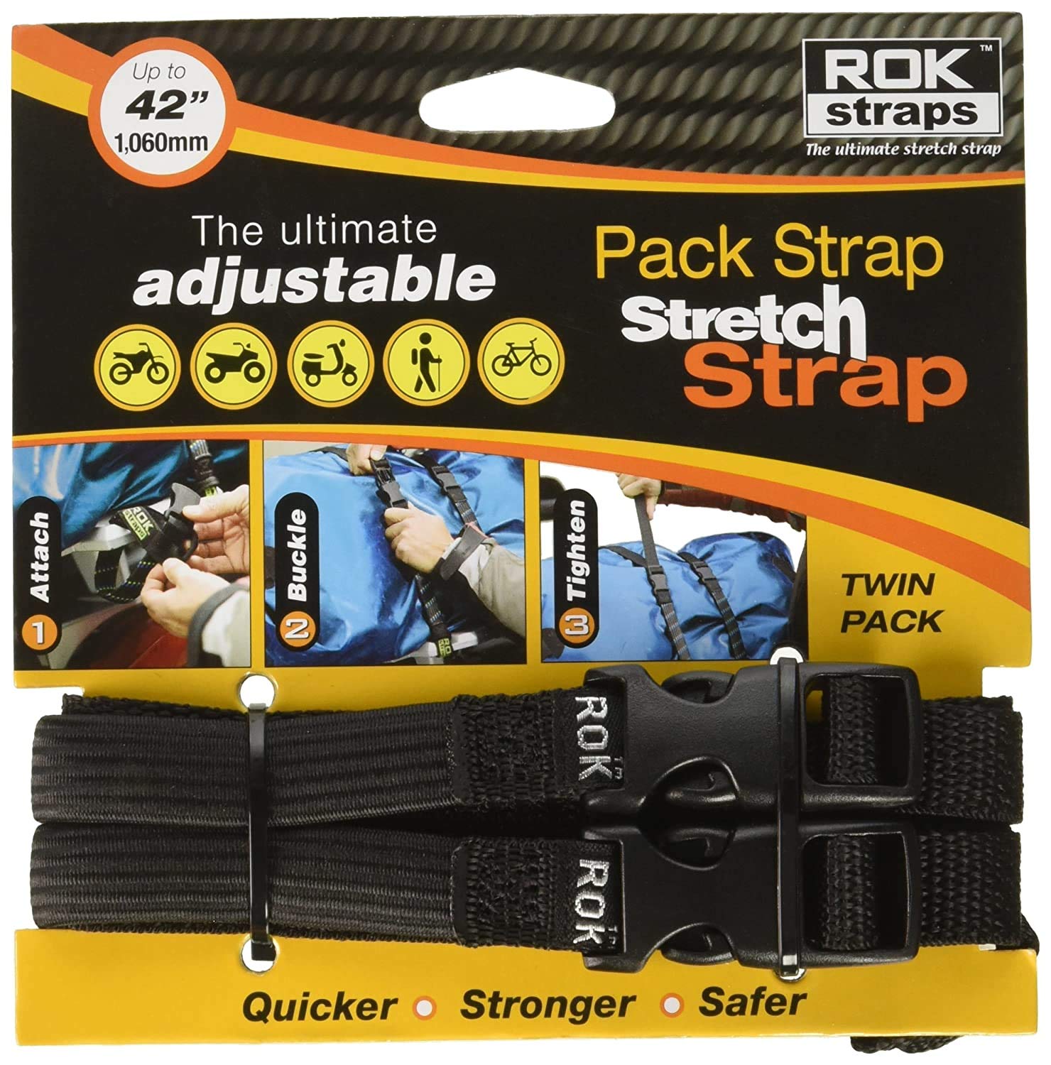ROK Straps front packaging showing two black adjustable pack stretch straps and features