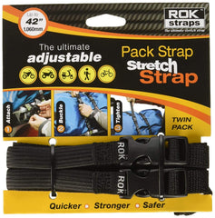 ROK Straps front packaging showing two black adjustable pack stretch straps and features