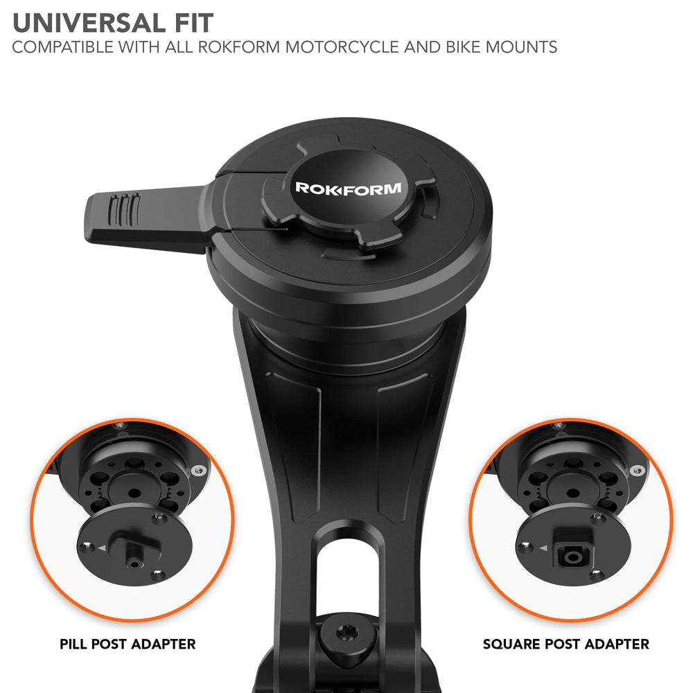 Rokform dampener mounted on motorcycle handlebar demonstrating stable ride benefit