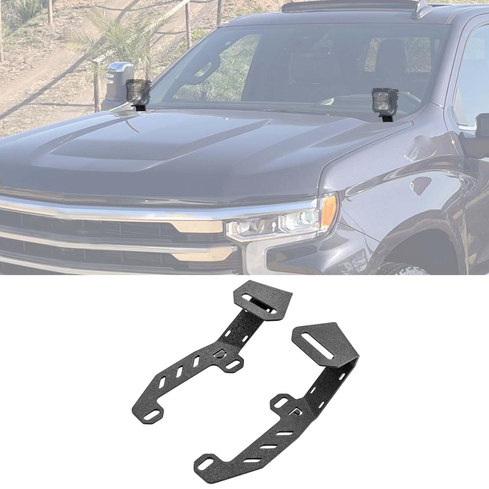 ROMELACK front view of hood light brackets showing fitment benefit