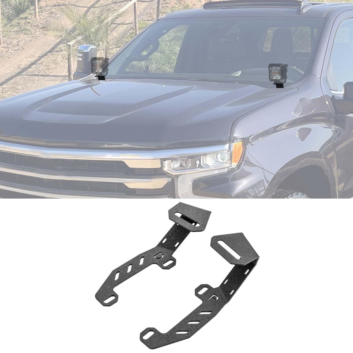 ROMELACK front view of hood light brackets showing fitment benefit