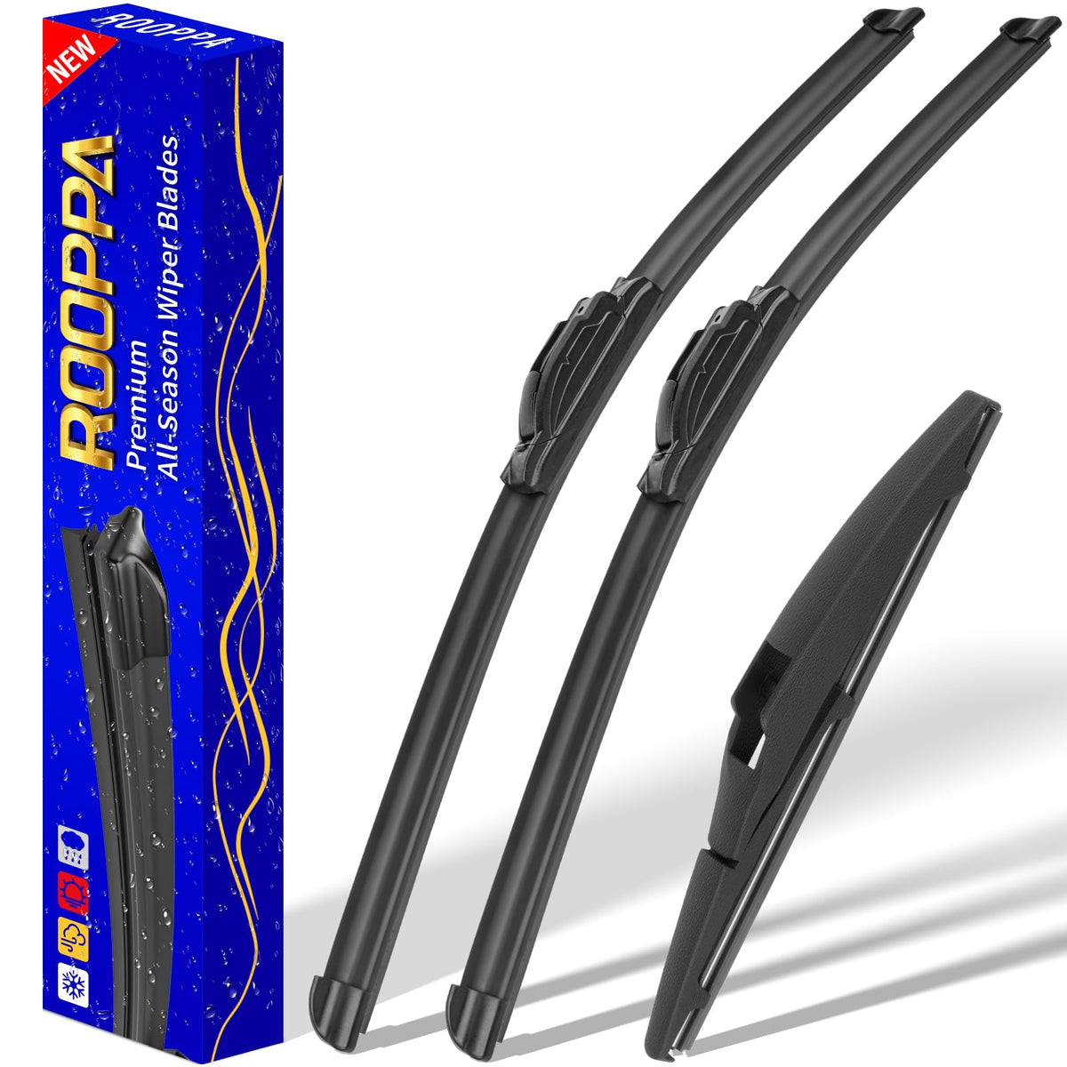 Rooppa front packaging for Prius C wipers showing kit and sizes, clear organization benefit