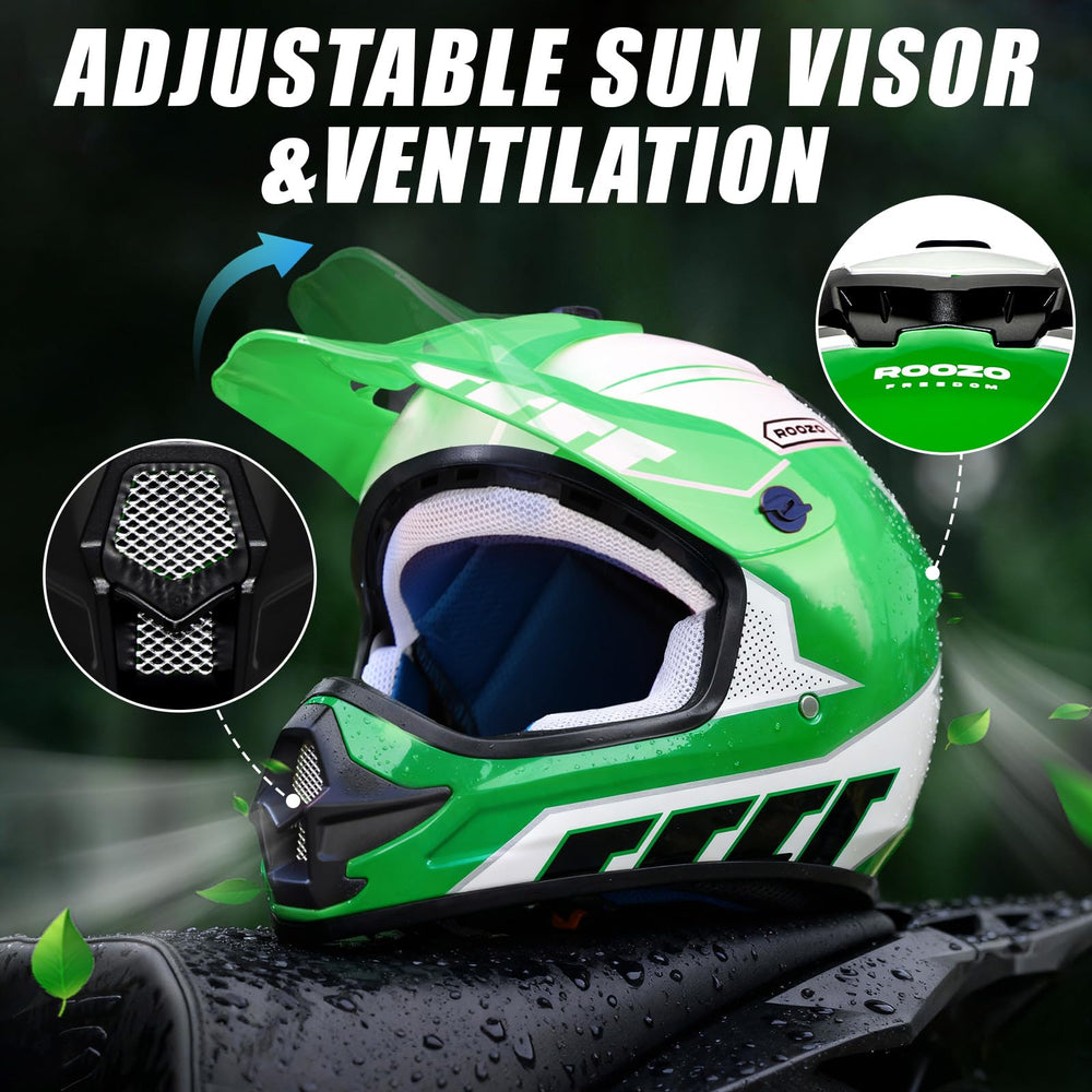 ROOZO visor adjustment detail showing sun visor and glare reduction benefit