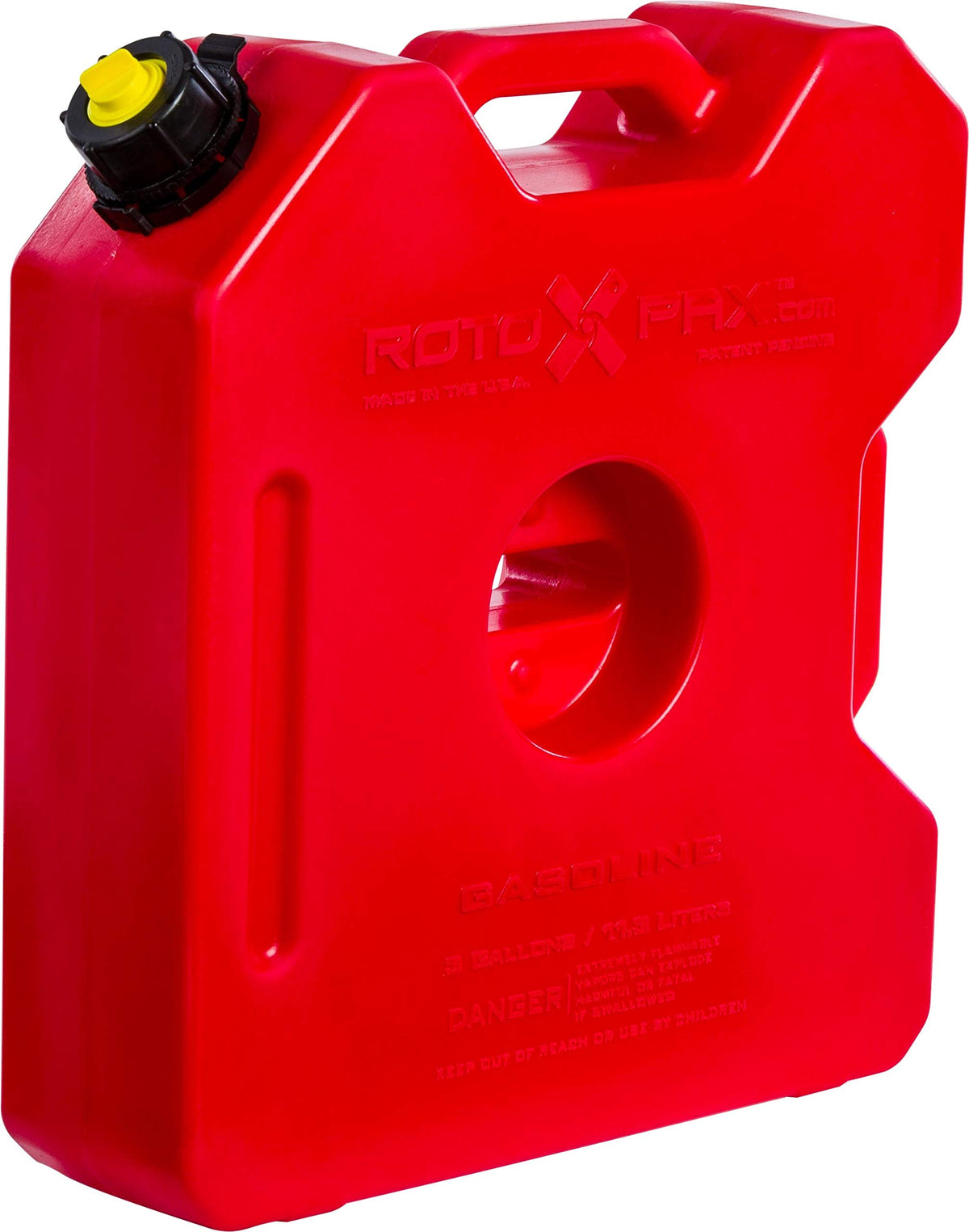 RotopaX 3 gallon gasoline pack front view showing robust design and storage benefit