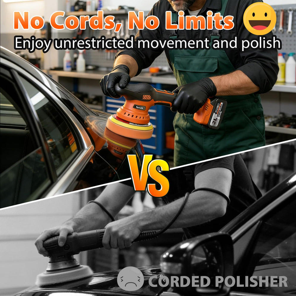 Rotvik polisher held in hand to show scale and ergonomic comfort benefit