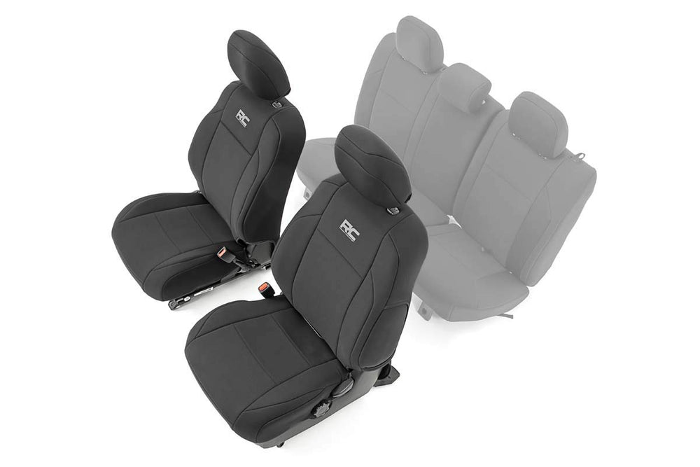 Rough Country packaging showing front seat cover set and included hardware benefits protection