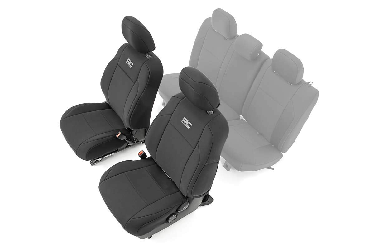 Rough Country packaging showing front seat cover set and included hardware benefits protection