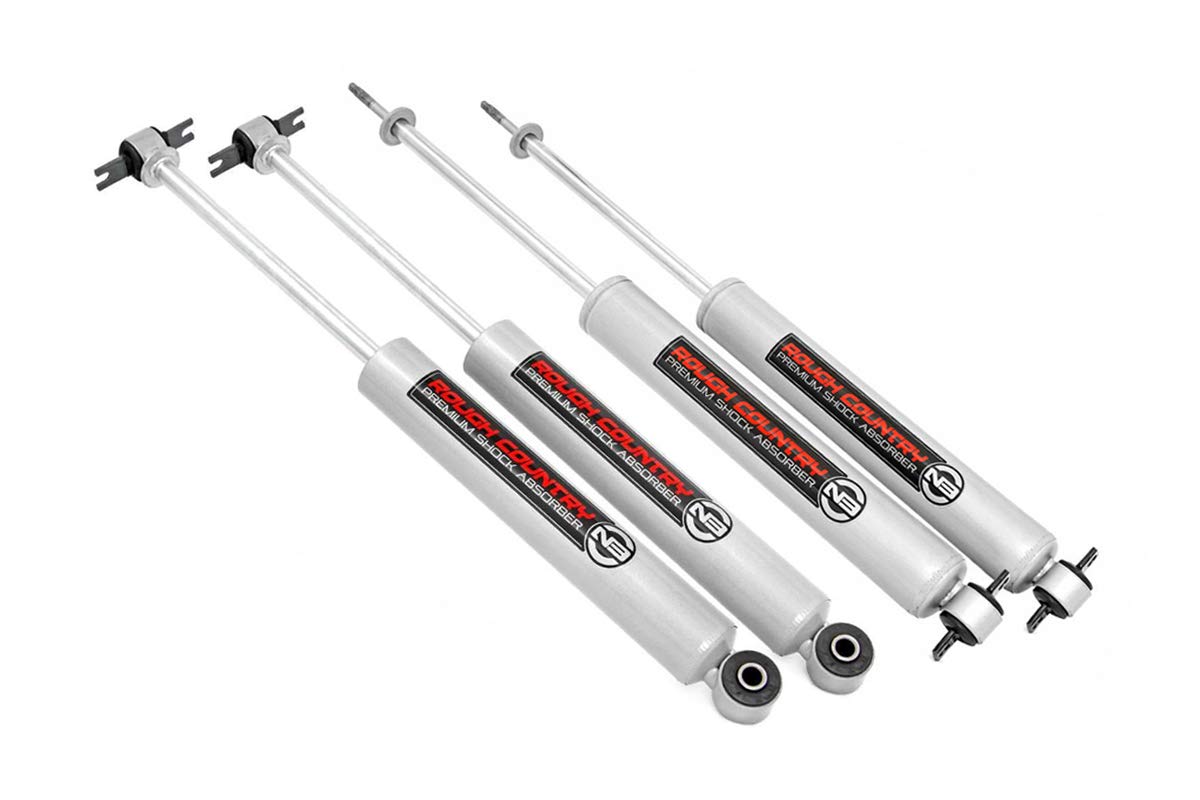 Rough Country front and rear shock set shown packaged, highlights complete kit benefit