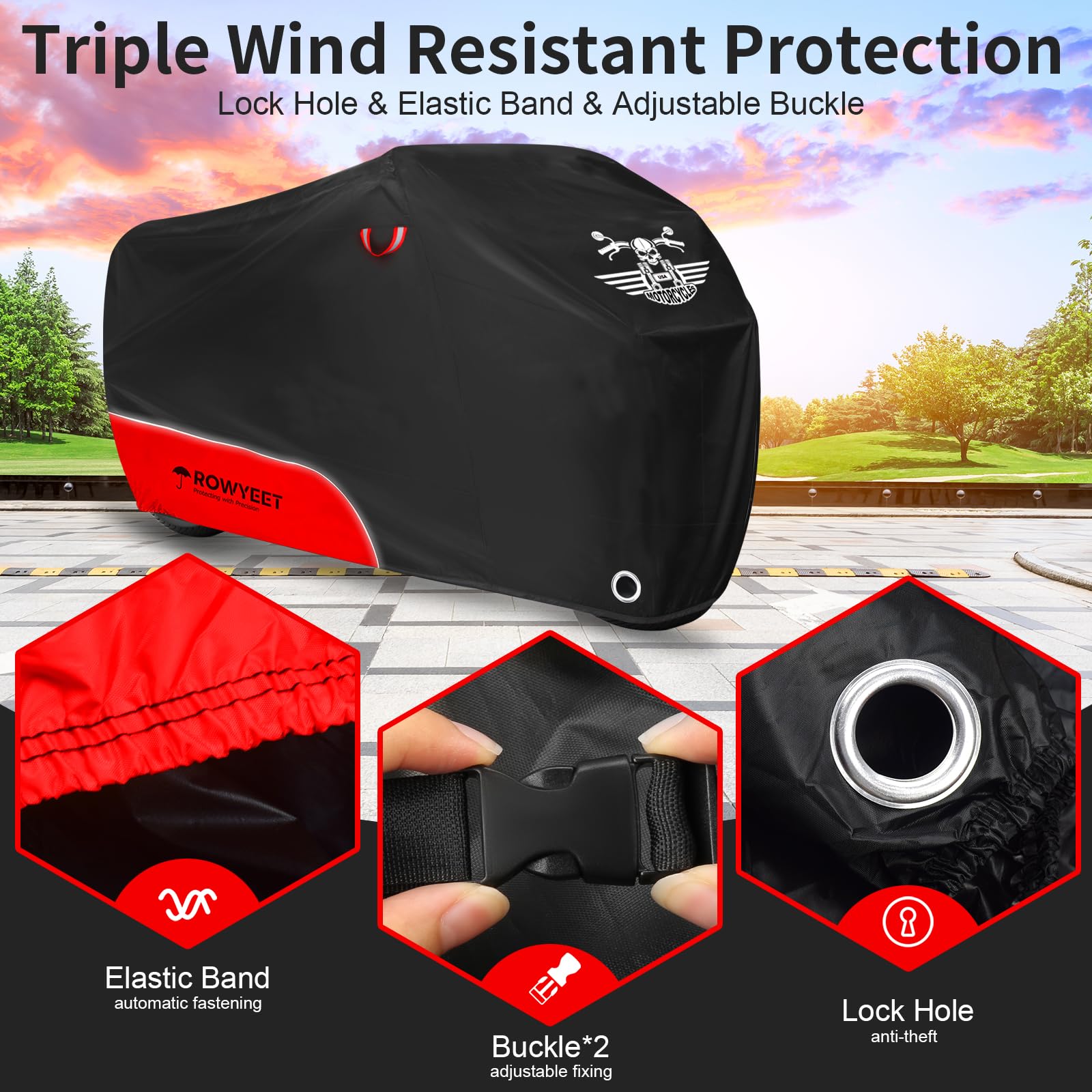 ROWYEET cover on motorcycle in outdoor parking protecting finish