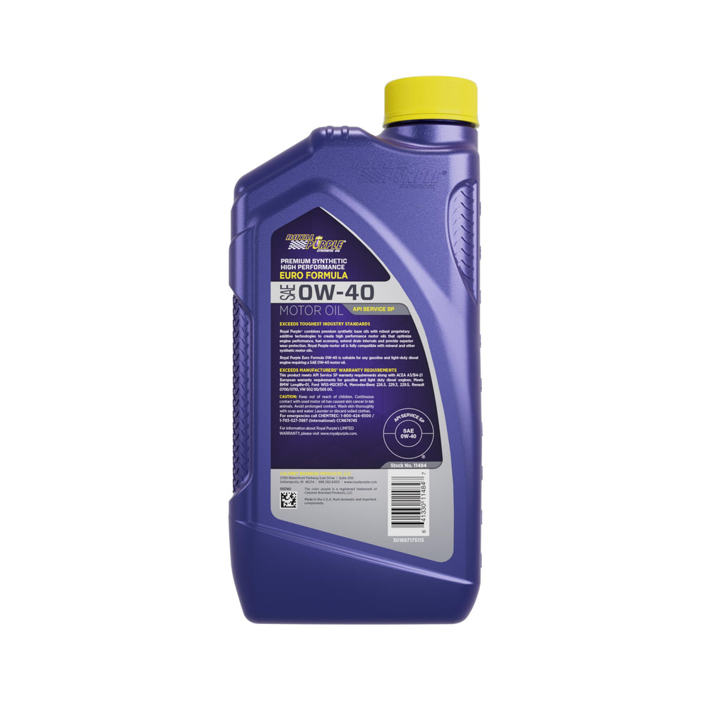 Royal Purple 0W-40 pouring with glossy oil sheen demonstrating smooth flow and protection