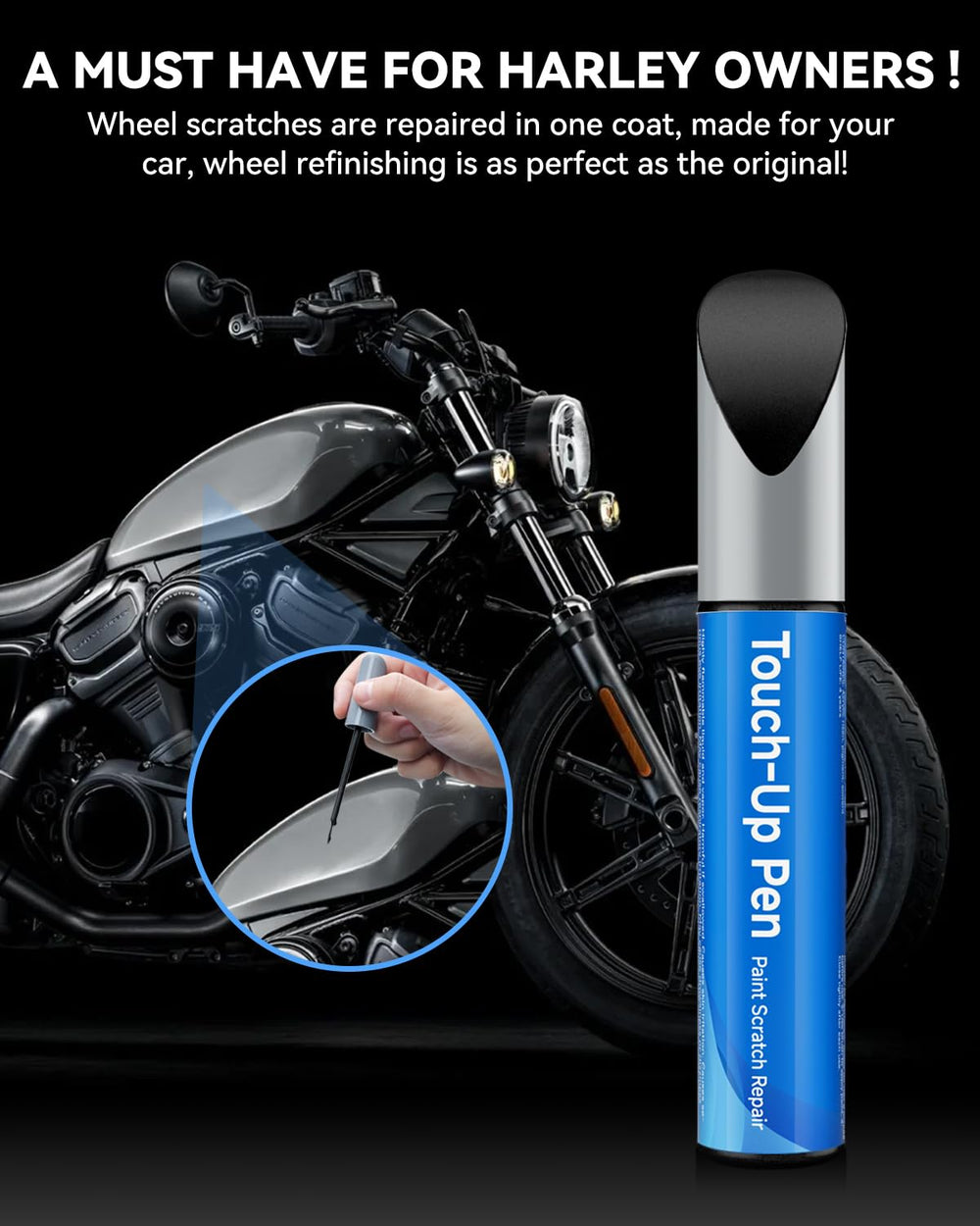 RSACET touch-up pen in garage beside Harley-Davidson highlighting DIY repair confidence benefit