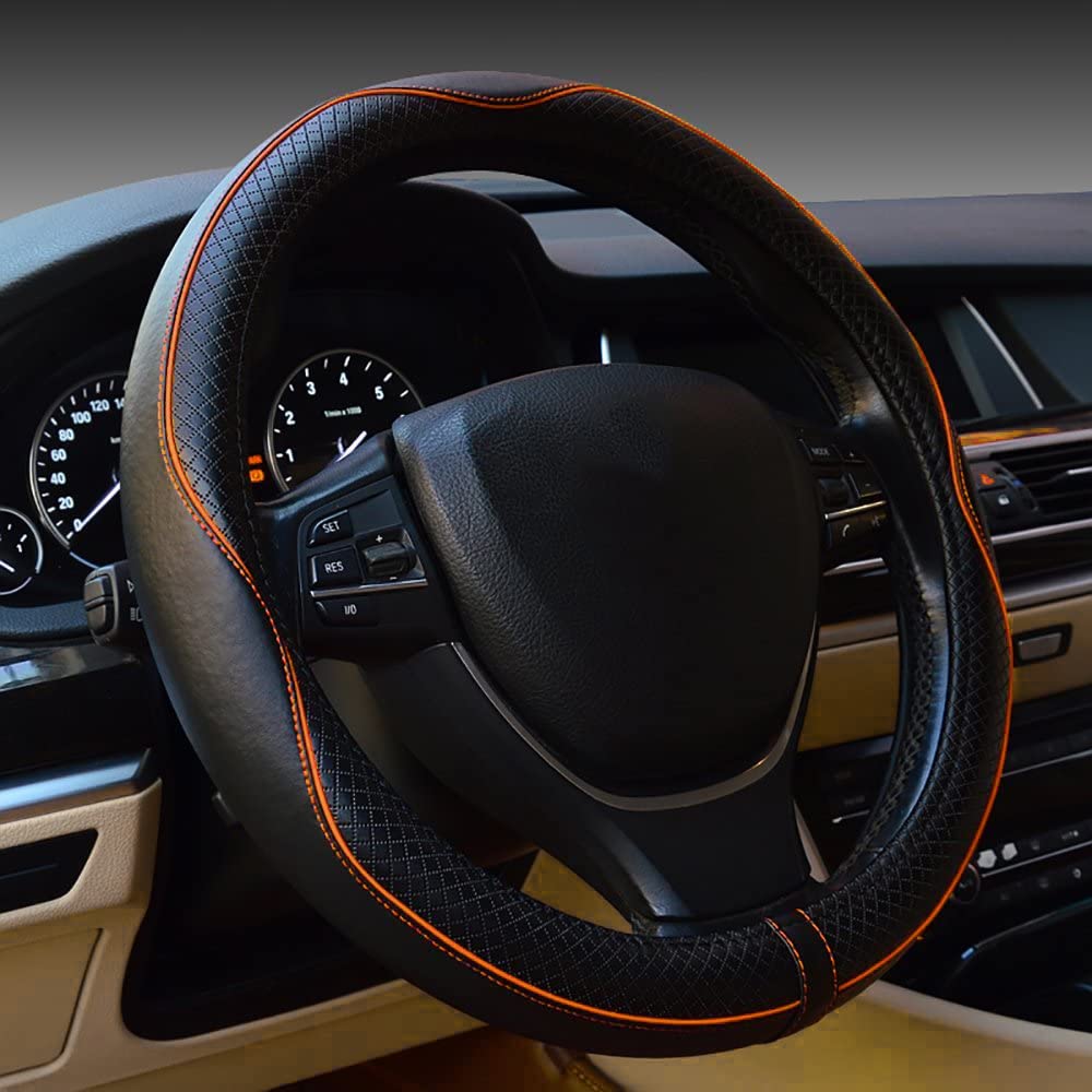 Rsept steering wheel cover front view showing black and orange accent for style