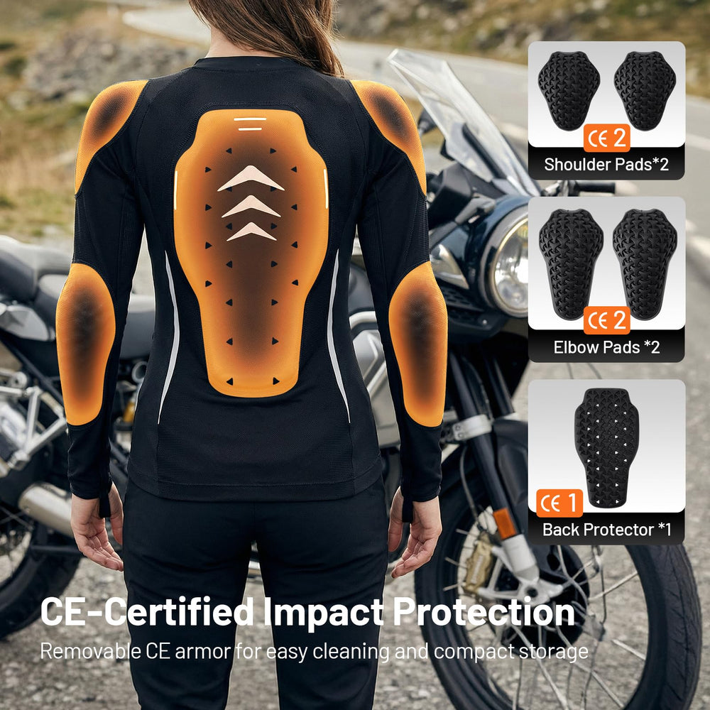 RSYSO elbow protector detail showing CE-rated impact absorption advantage