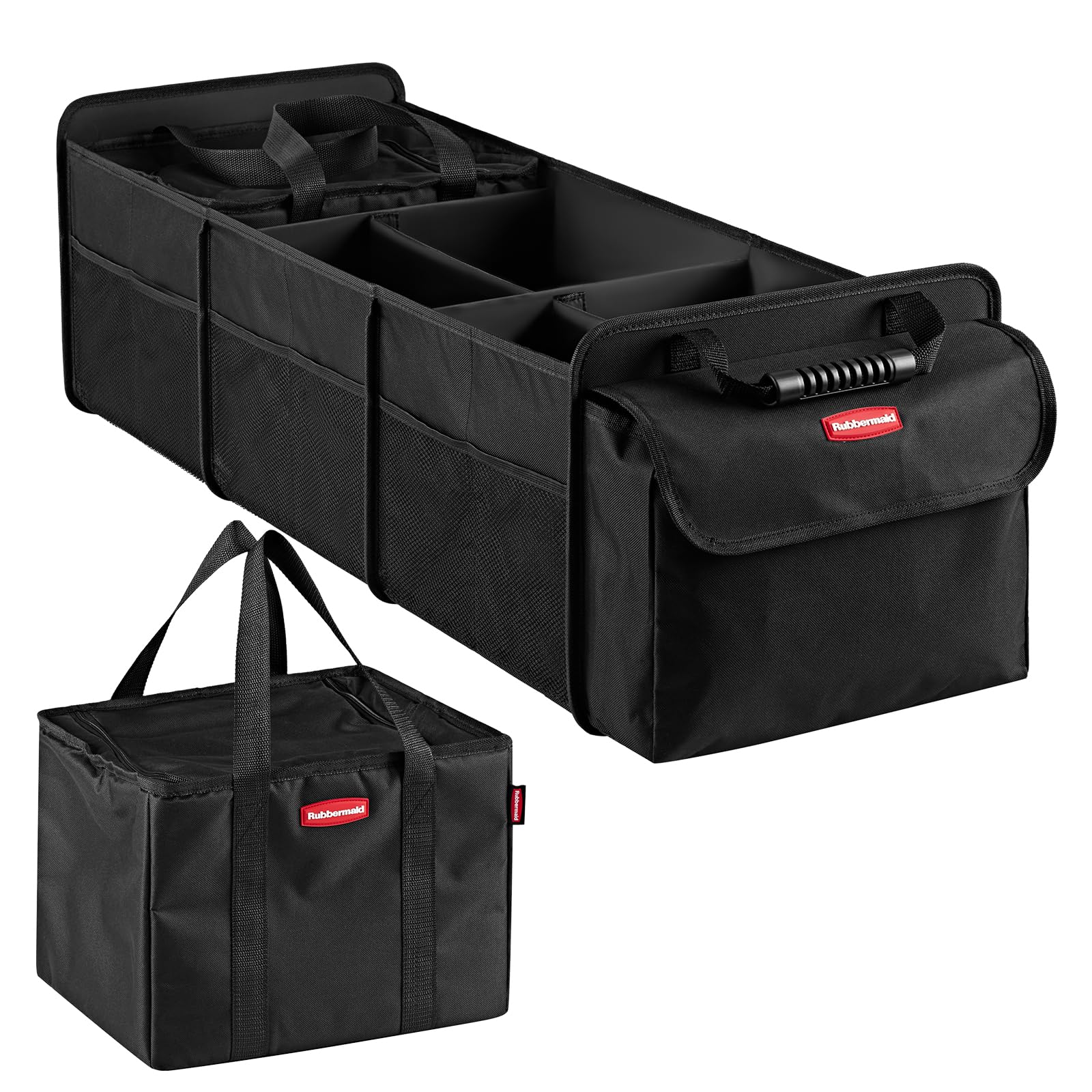 Rubbermaid front view showing five-compartment organizer and benefits of tidy storage