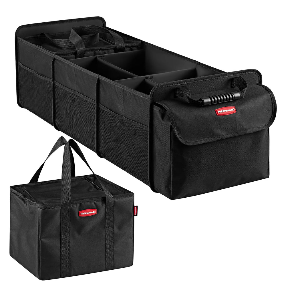 Rubbermaid front view showing five-compartment organizer and benefits of tidy storage