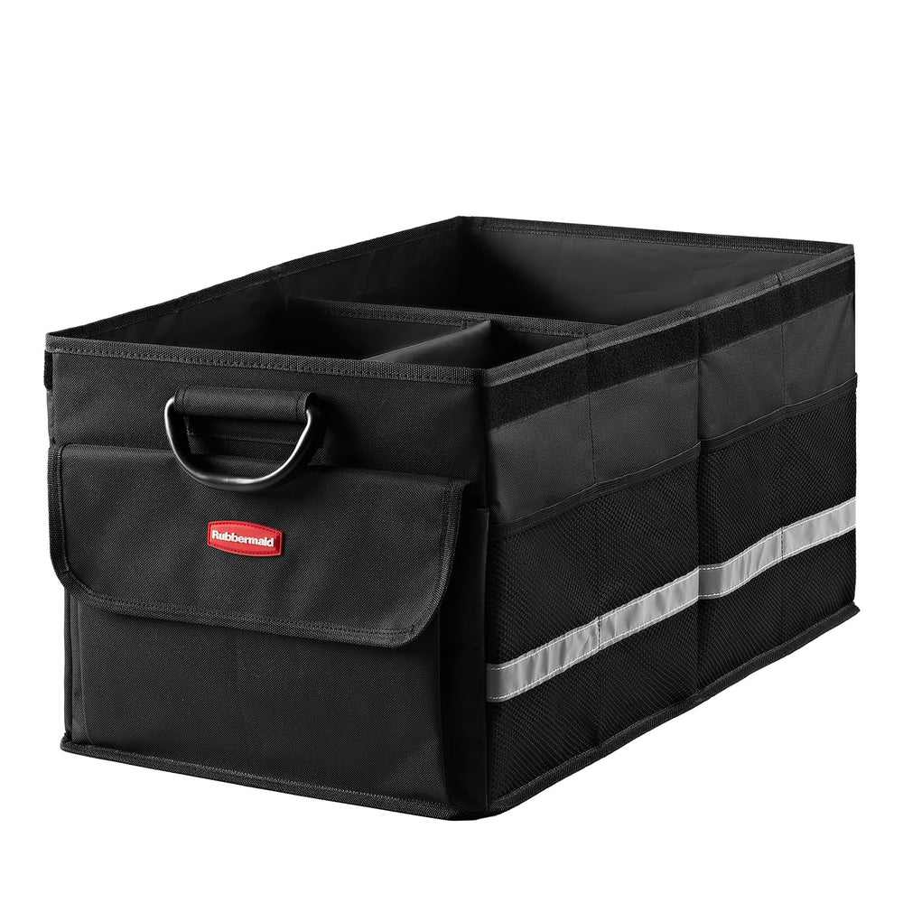 Rubbermaid front view with cover showing organized trunk storage benefit