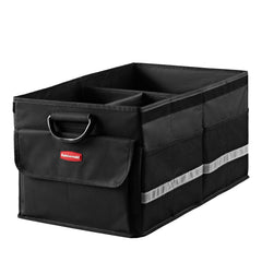 Rubbermaid front view with cover showing organized trunk storage benefit