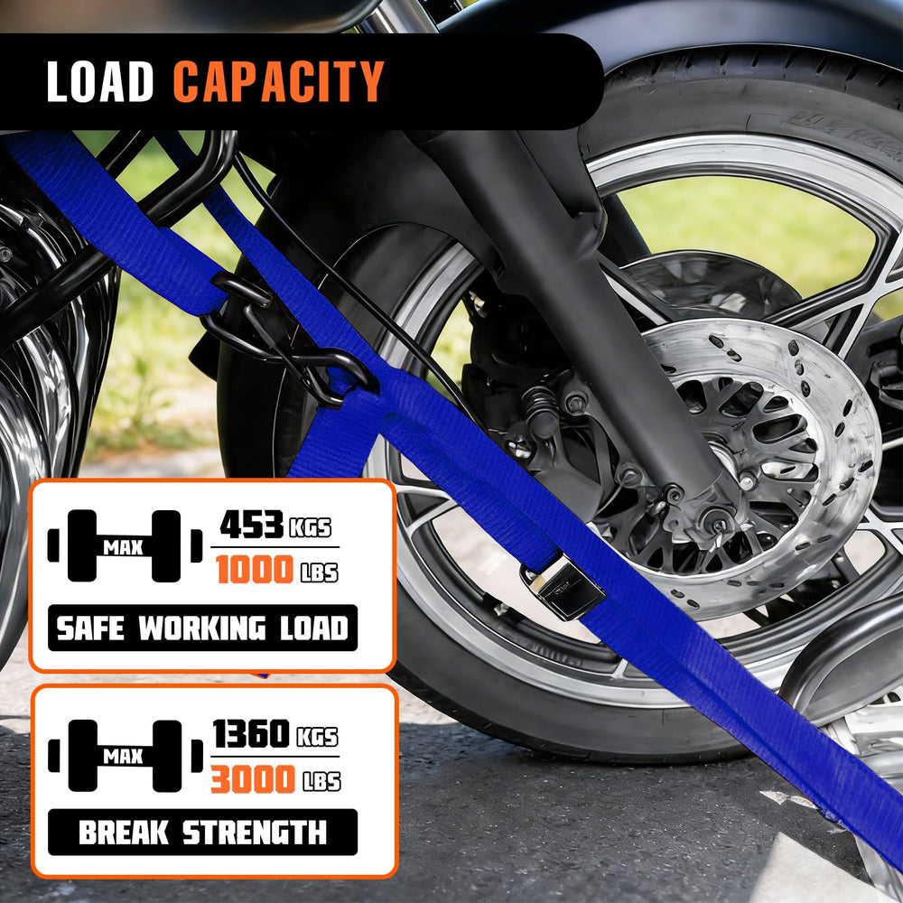 RUGOACE straps securing a motorcycle on a trailer showing stable transport benefit