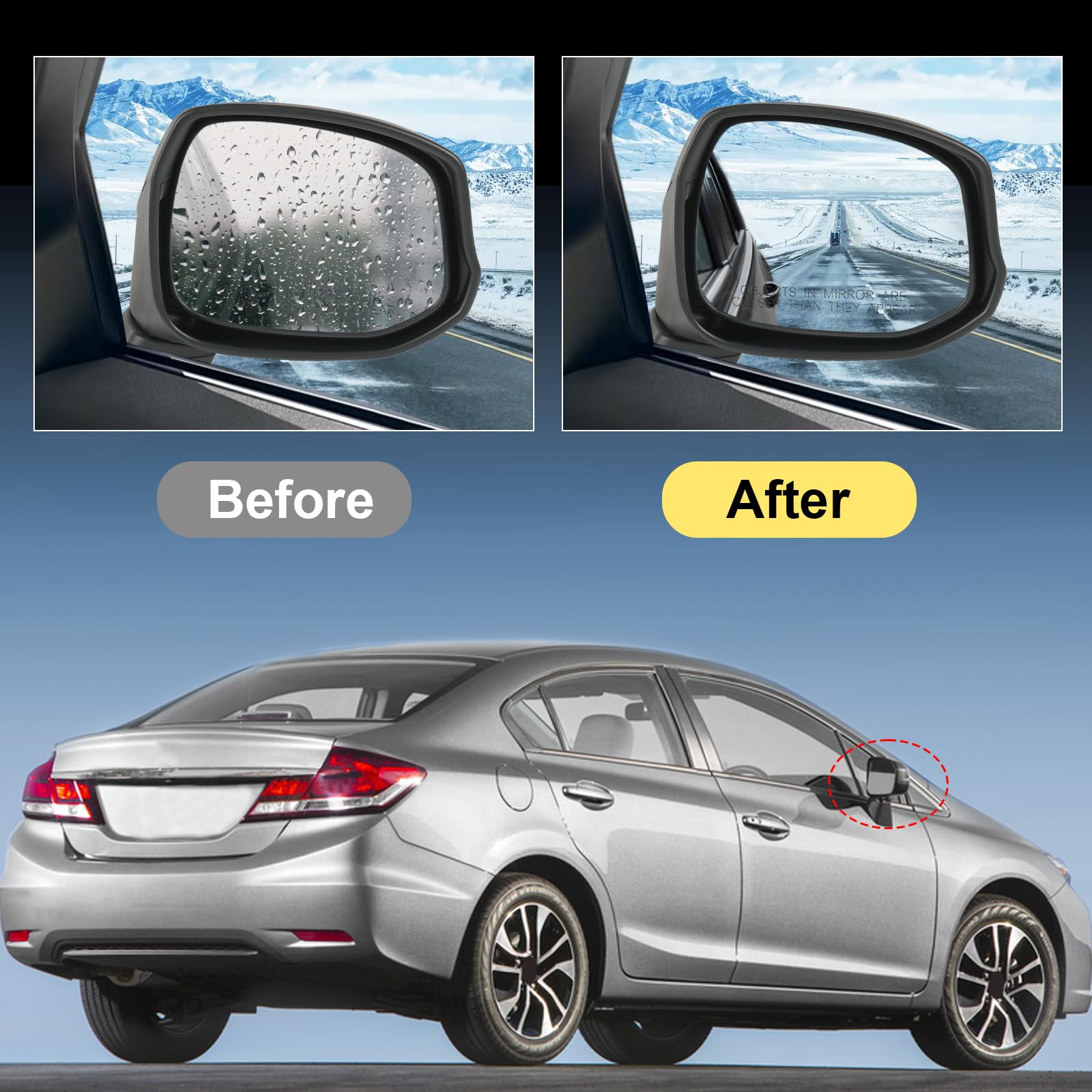 RUIANOMG mirror installed on Civic door scale showing alignment with door fitment benefit: accurate fit