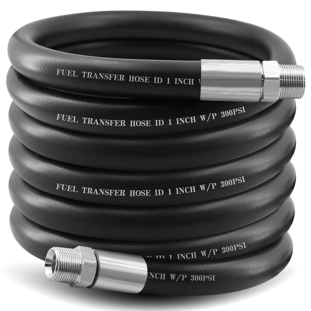 Ruikarhop front view of 1-inch 20ft fuel hose showing product markings and connectors