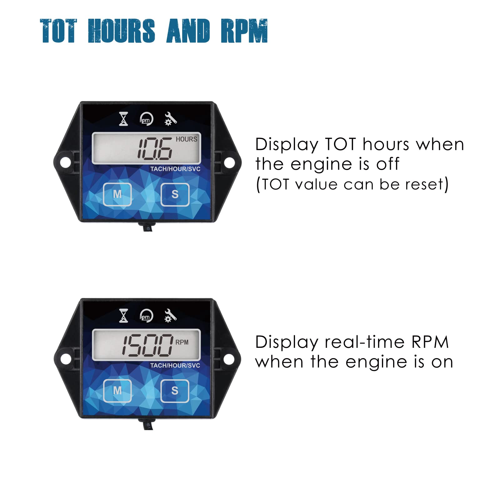 Runleader closeup LCD display with visible hours and tachometer for quick checks