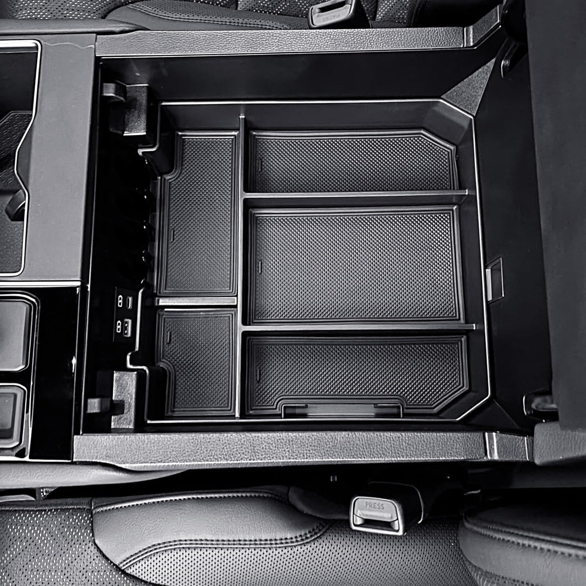 RUNROAD front view console tray showing organized compartments and improved access