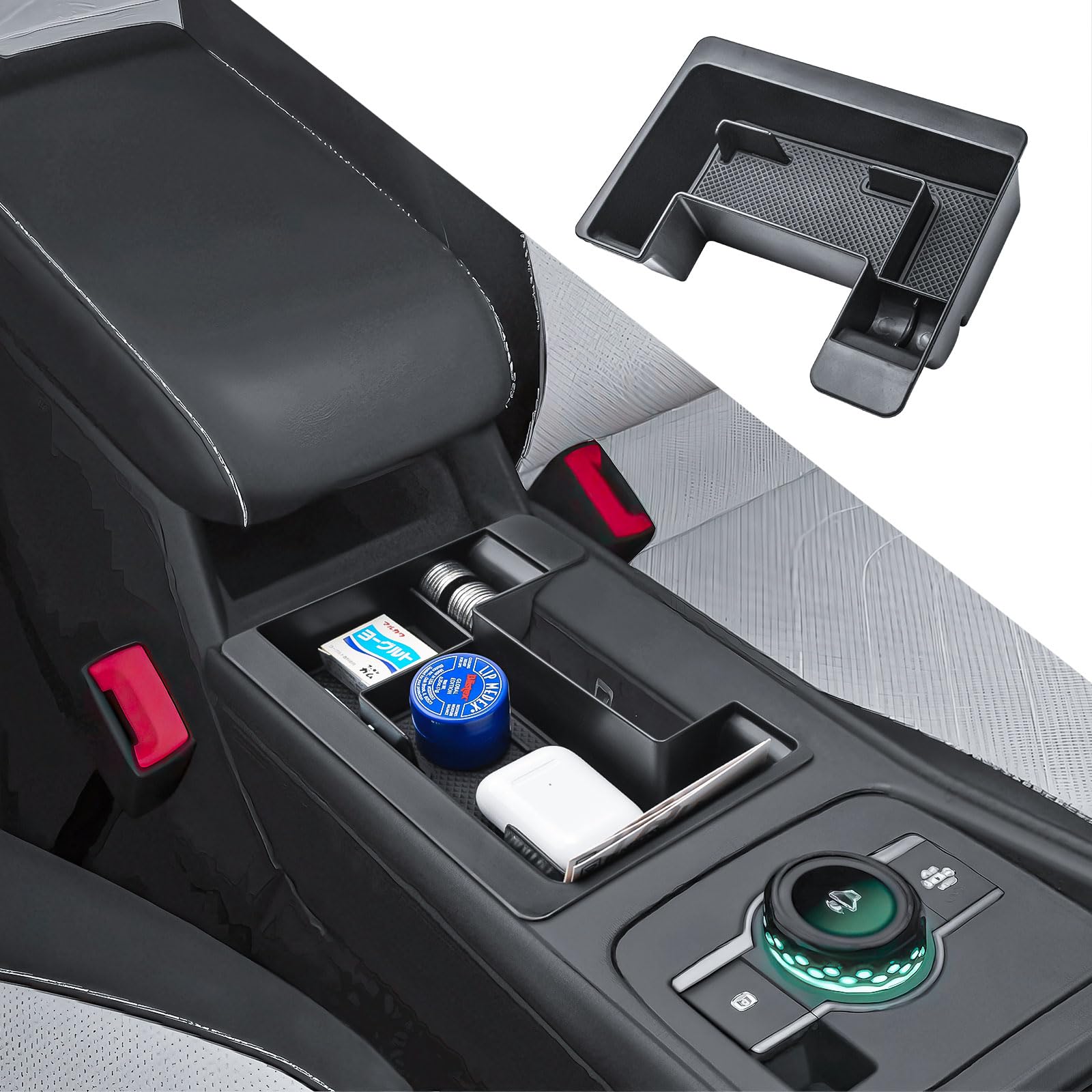 RUNROAD front view of console tray showing organized compartments and neat fit