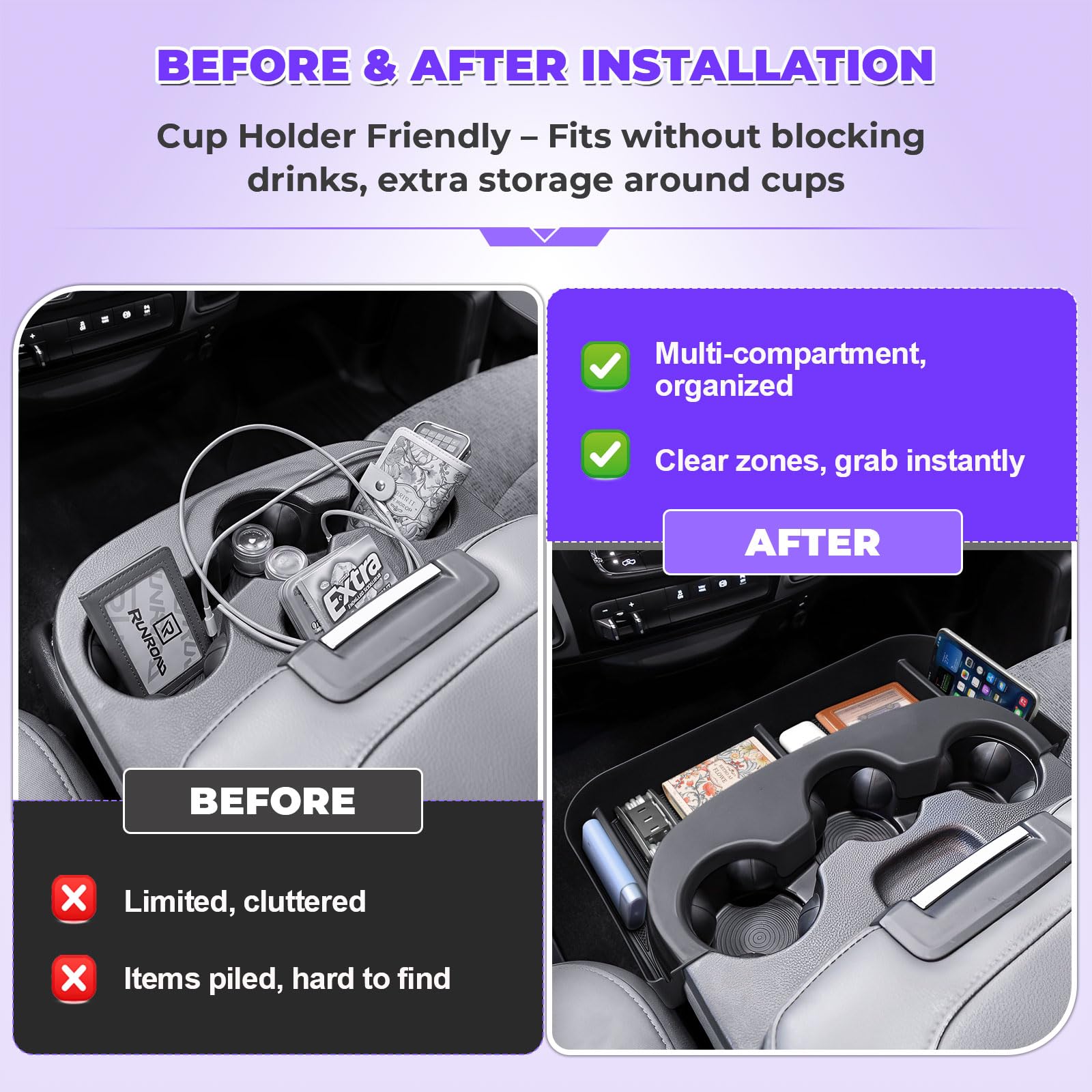 RUNROAD installed in RAM armrest demonstrating tidy organization while driving