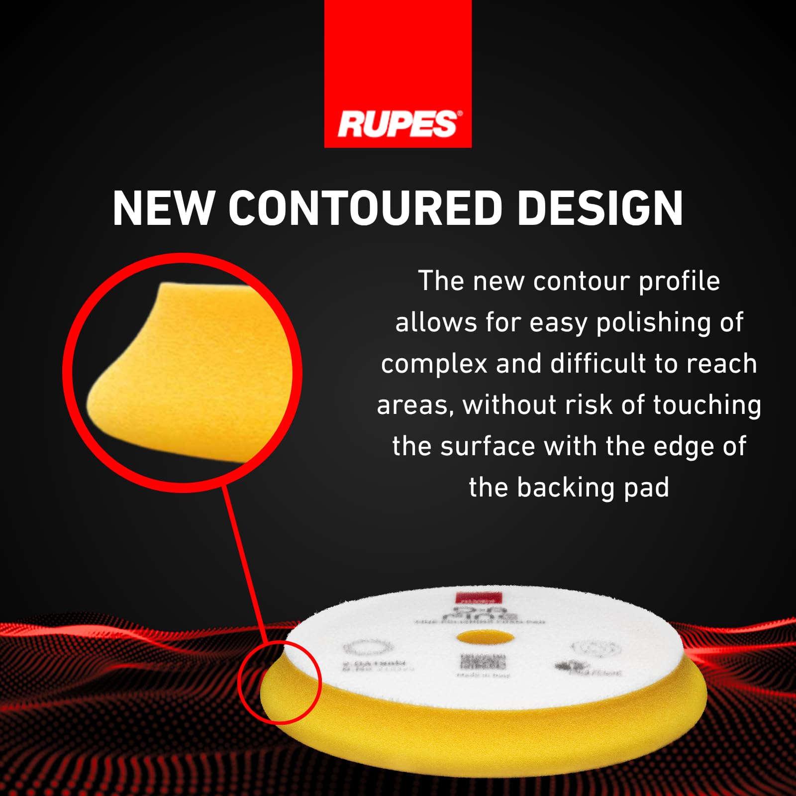 RUPES pad mounted on a 5" backing plate during dual-action polishing to improve finish control