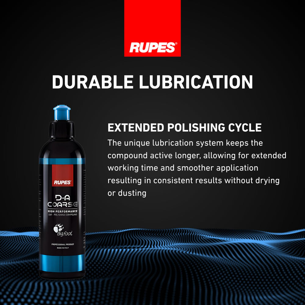 RUPES product pictured with pads and polisher in a garage showing complete detailing workflow benefit