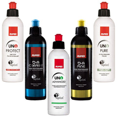 RUPES front packshot showing five 250ml bottles, clear kit identification and value