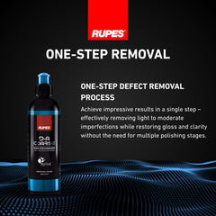 RUPES in use with DA polisher on car hood showing efficient defect removal benefit