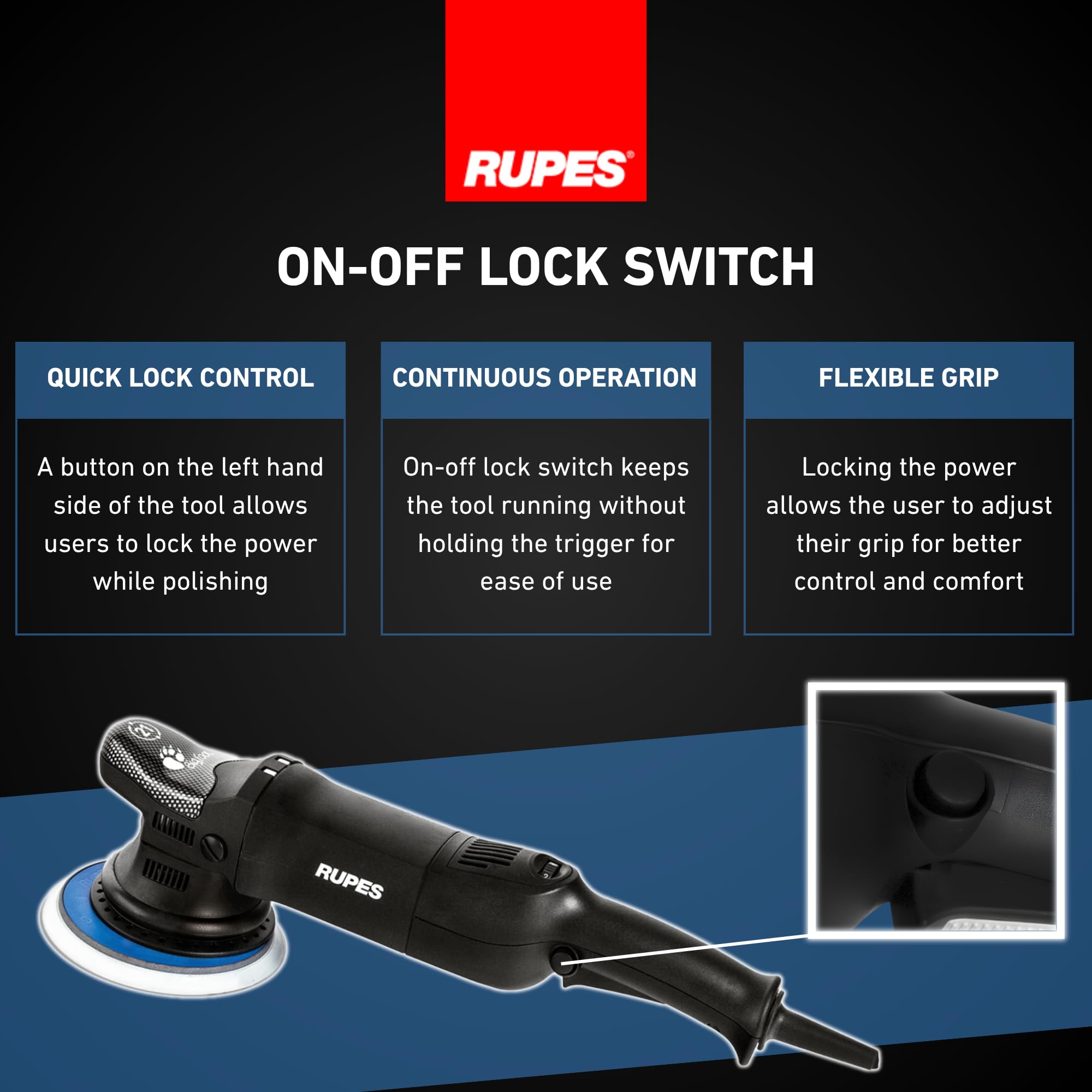 RUPES side profile ergonomics showing handle position for precise passes