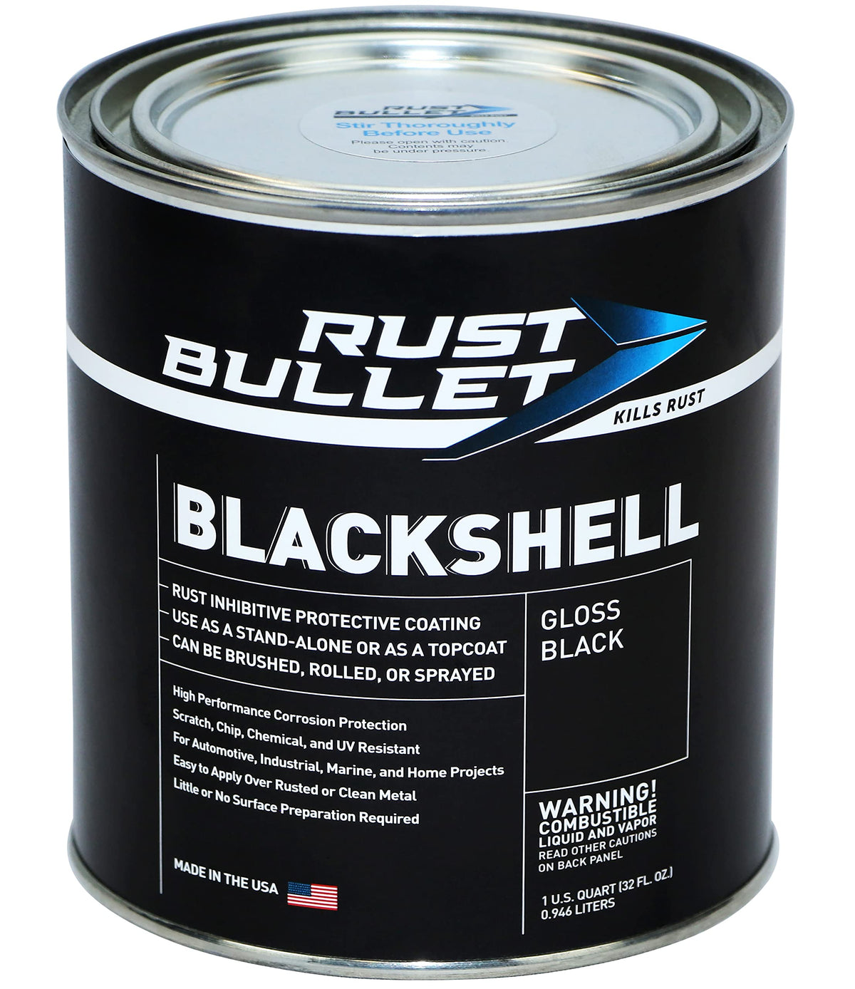 RUST BULLET front view of BlackShell quart can showing product benefit protection